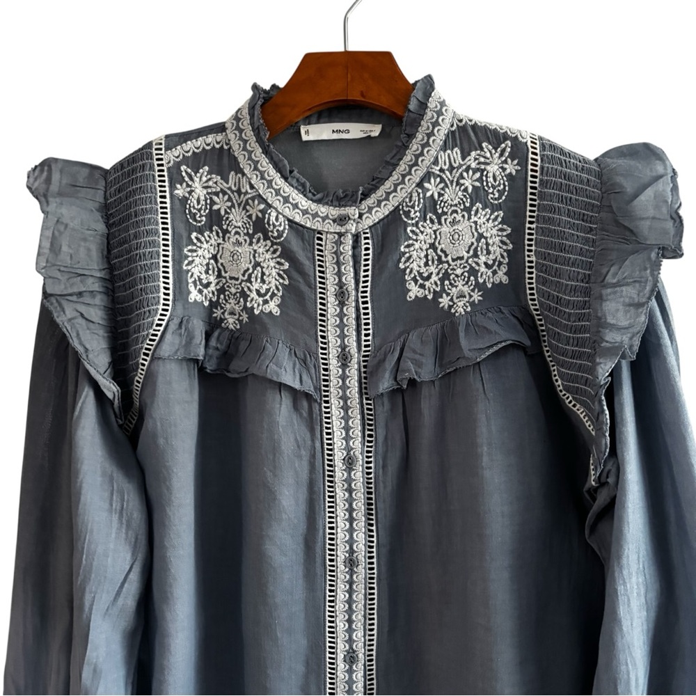 Mango Light Blue Ruffled Lace-Trim Blouse - Picture 4 of 11